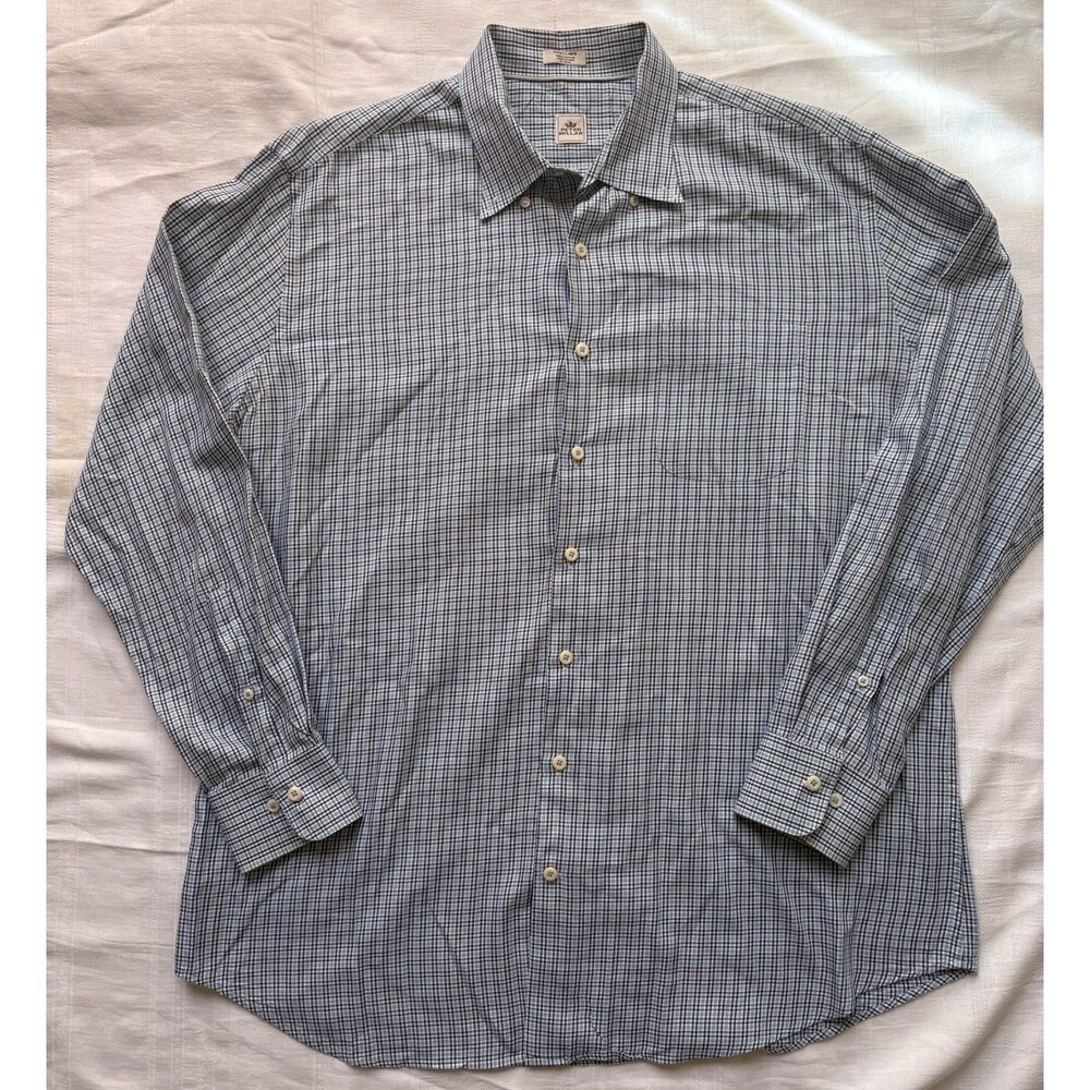 Peter Millar Mens XL Blue Check Button Down Shirt 100% Cotton Long Sleeve